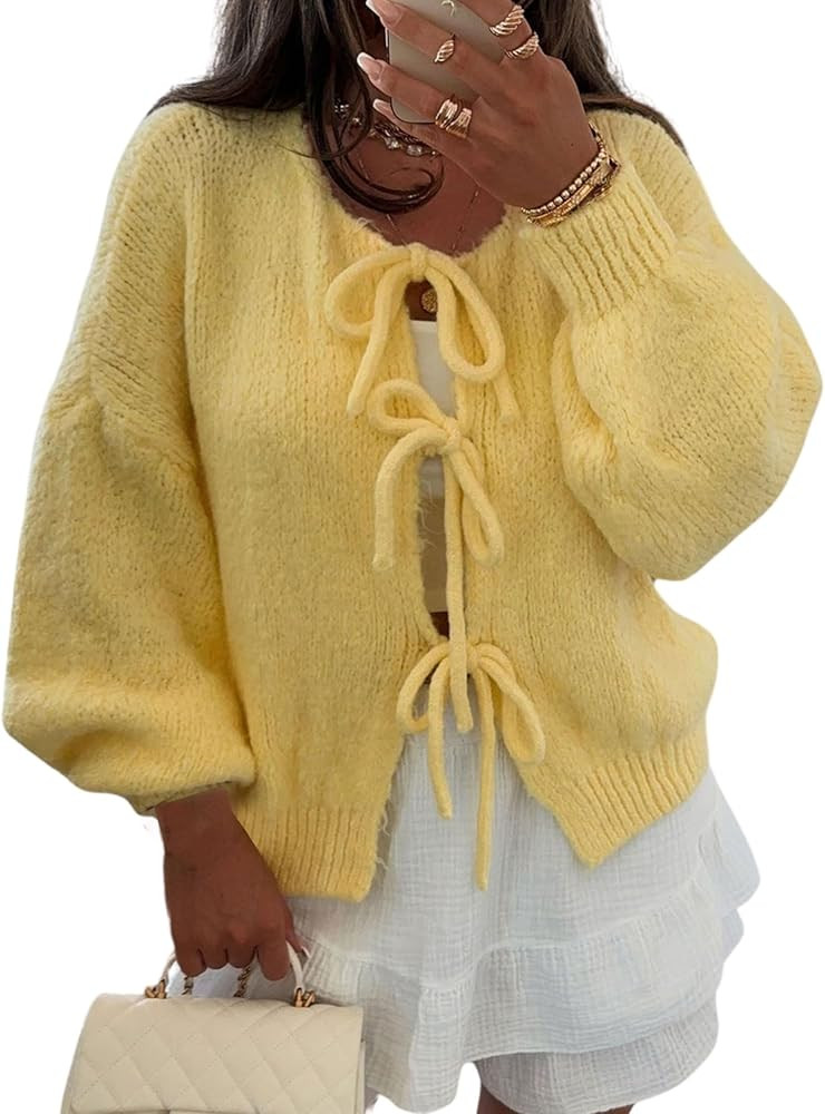 InterNos Womens Bow Tie Front Sweater Cardigan Y2k Chunky Crew Neck Lace Up Crochet Knit Outwear ... | Amazon (US)
