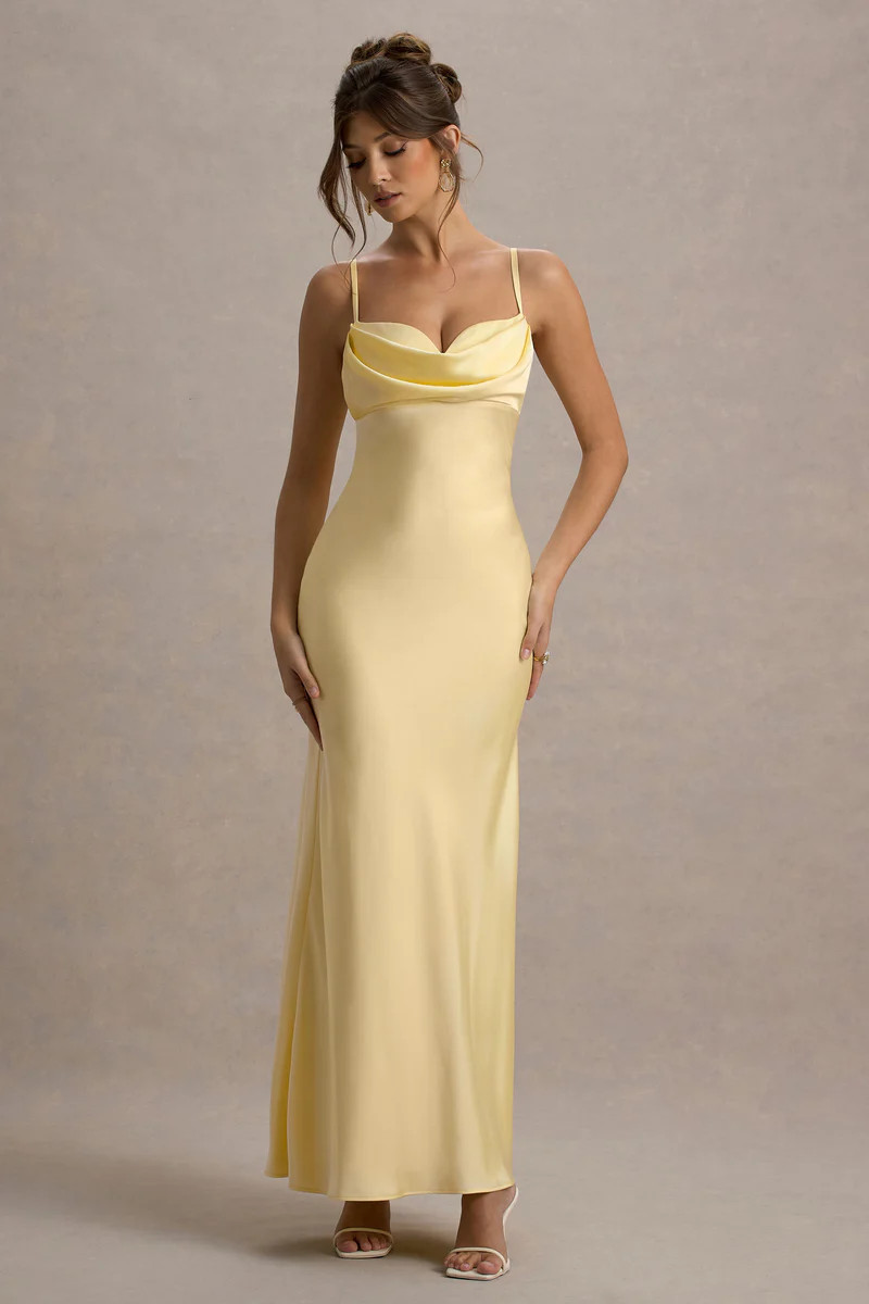 Eimear | Lemon Satin Draped Sweetheart Maxi Dress | Club L London