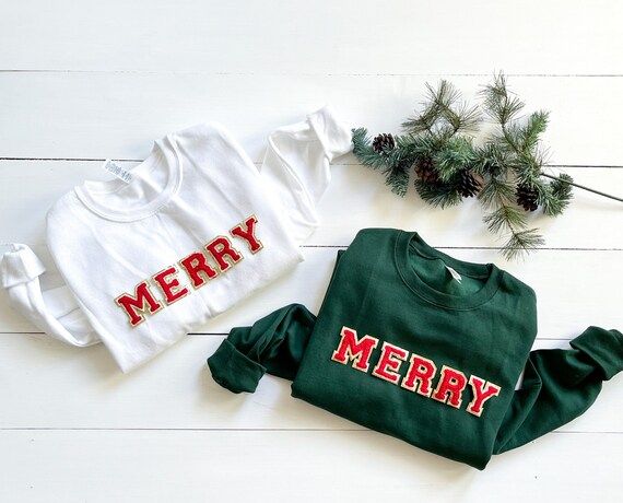 Merry Red + Gold Glitter Chenille Letter Patch Crewneck Sweatshirt | Christmas shirt | festive | ... | Etsy (US)