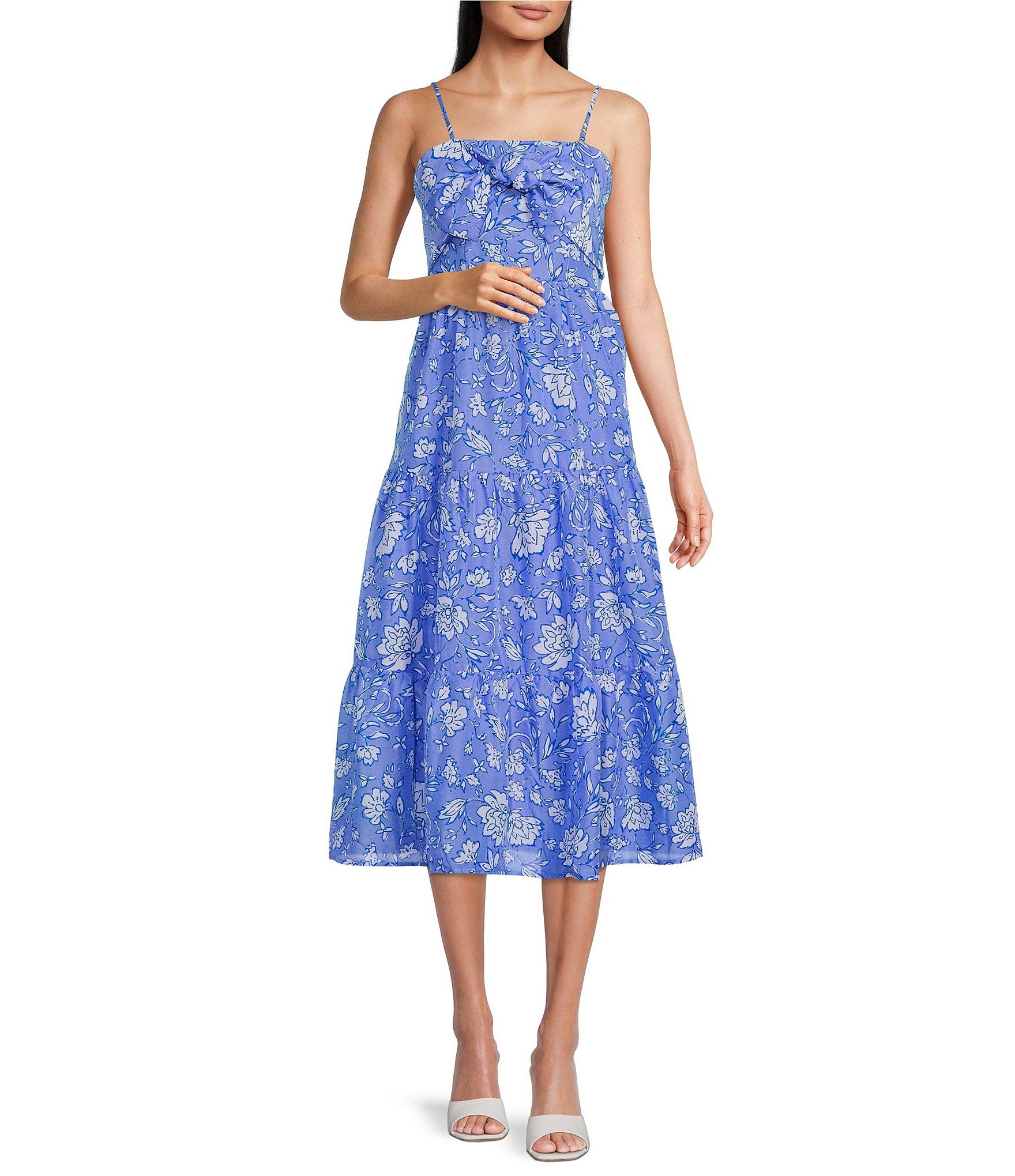 J.Marie Alexandra Floral Print Square Neck Sleeveless Tiered Bow Midi Dress | Dillard's | Dillard's