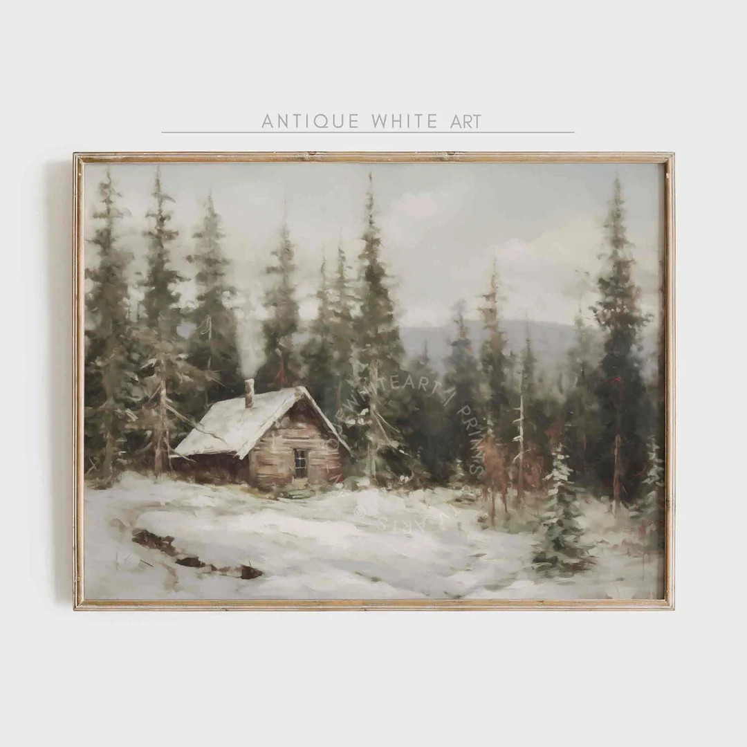 Winter Cabin Rustic Print, Winter Printable Wall Art, Farmhouse Winter Pine Forest Painting, Vint... | Etsy (US)