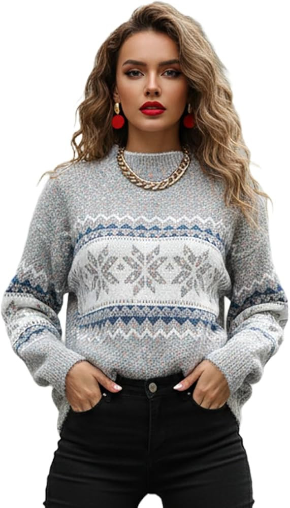 Fair Isle Sweaters for Women Casual Long Sleeve Snowflake Knitted Pullover Sweater Xmas Jumper To... | Amazon (US)