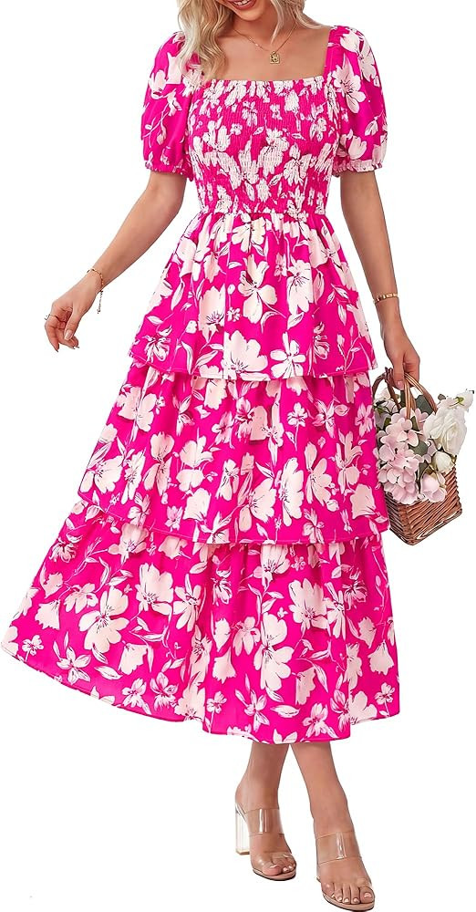 BTFBM Womens Square Neck Smocked Dress Summer Puff Short Sleeve Floral Casual Ruffle Tiered Maxi ... | Amazon (US)