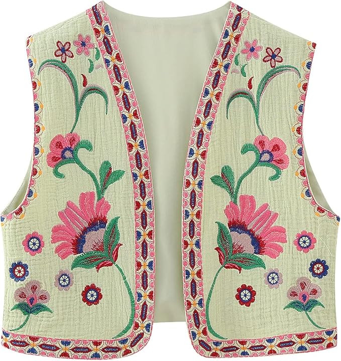 Women Embroidery Flower Vest Top Sleeveless Open Front Outwear Gilet Vintage Floral Graphic Vest ... | Amazon (US)