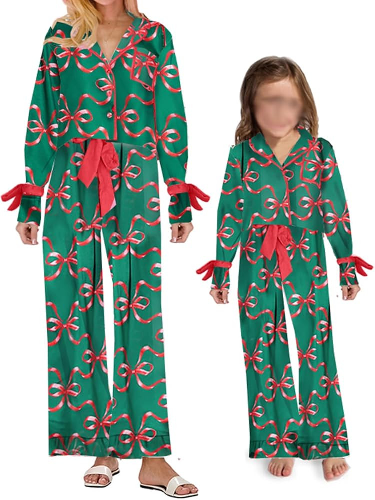 Mommy and Me Matching Christmas Outfits Silk Satin Pajamas Bow Tie Long Sleeve Shirt Tops and Pan... | Amazon (US)