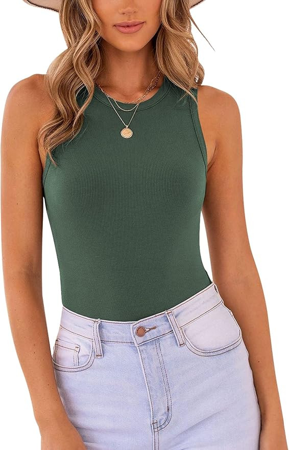 MISSJOY Women's Basic Sleeveless Racer Back Halter Neck Ribbed Bodysuit Tank Tops | Amazon (US)