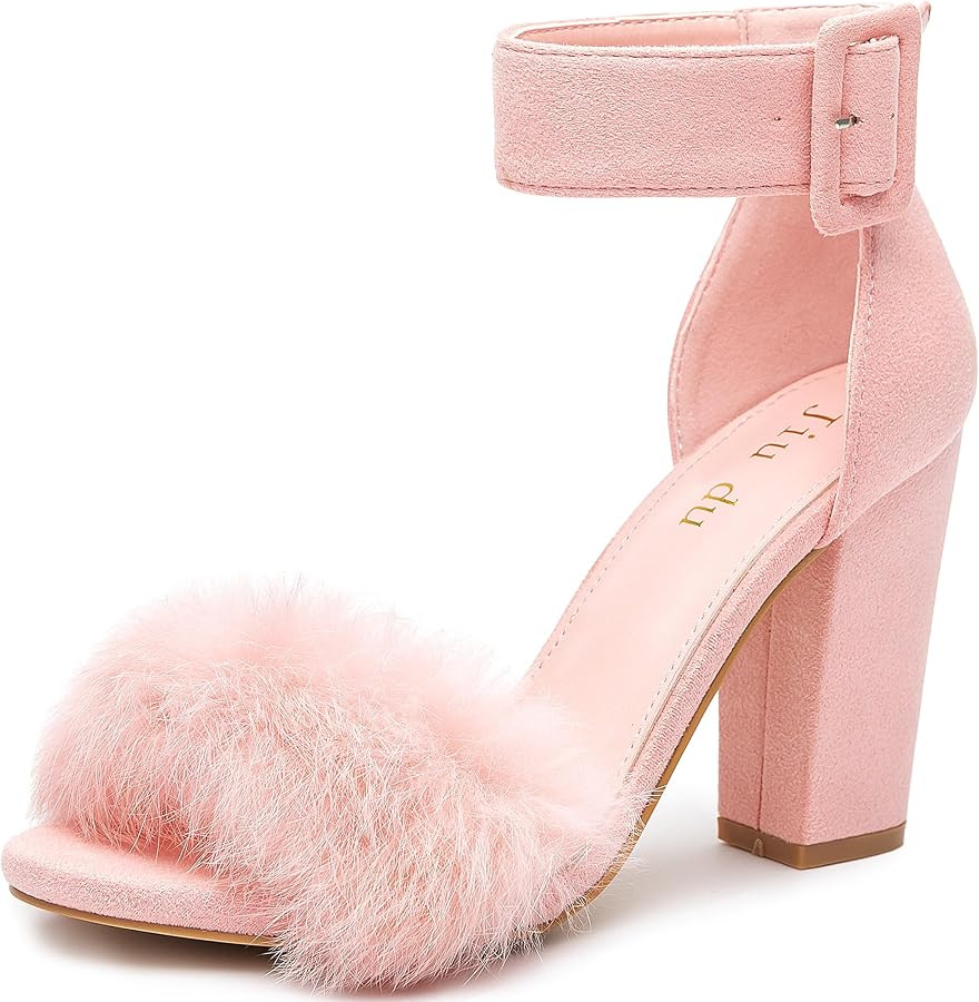 Jiu du Chunky Heels for Women Fur Feather High Heels Open Toe Ankle Strap Fuzzy Fluffy Block Heel... | Amazon (US)