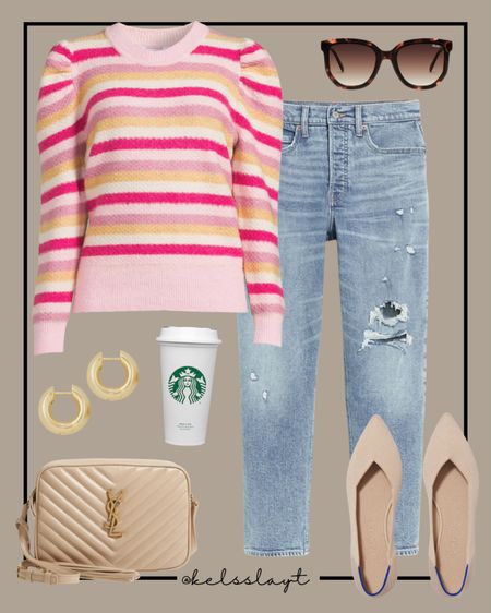Outfit idea, Walmart outfit, Walmart fashion, time and tru, striped sweater, light wash jeans, tan flats, ysl camera bag 

#LTKSeasonal #LTKstyletip #LTKunder50