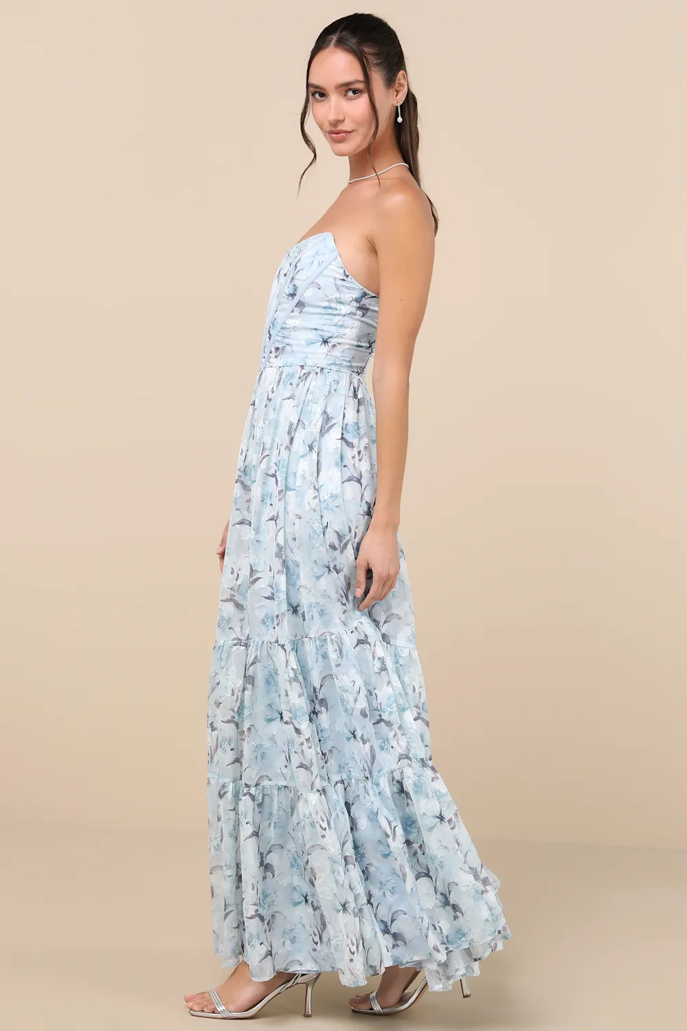 Special Moment Light Blue Floral Strapless Bustier Maxi Dress | Lulus