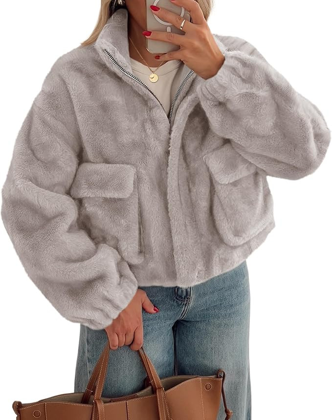 Tankaneo Womens Cropped Faux Fur Coat Fleece Stand Collar Zip Up Jacket 2025 Winter Warm Outerwea... | Amazon (US)