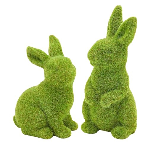 SafeSir 2 PCS Moss Bunny Decorative Figurines Flocked Resin Easter Bunny Decor Green Moss Bunnies for Spring Indoor Table and Bookshelf Decorations Home Rabbit Decorations(Small) | Amazon (US)