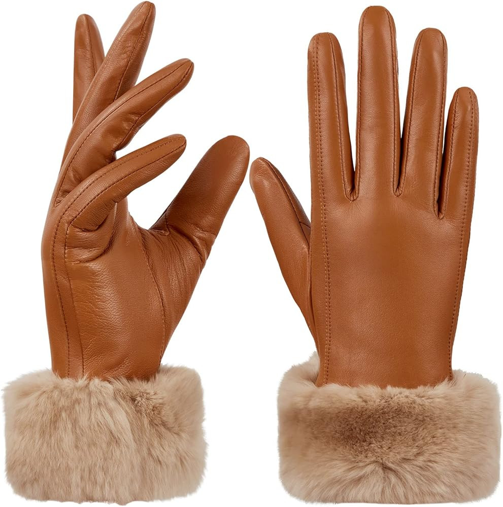 GSG Women Leather Gloves Rabbit Fur Cuff Touchscreen Warm Winter Driving Gloves Lady Multicolor | Amazon (US)