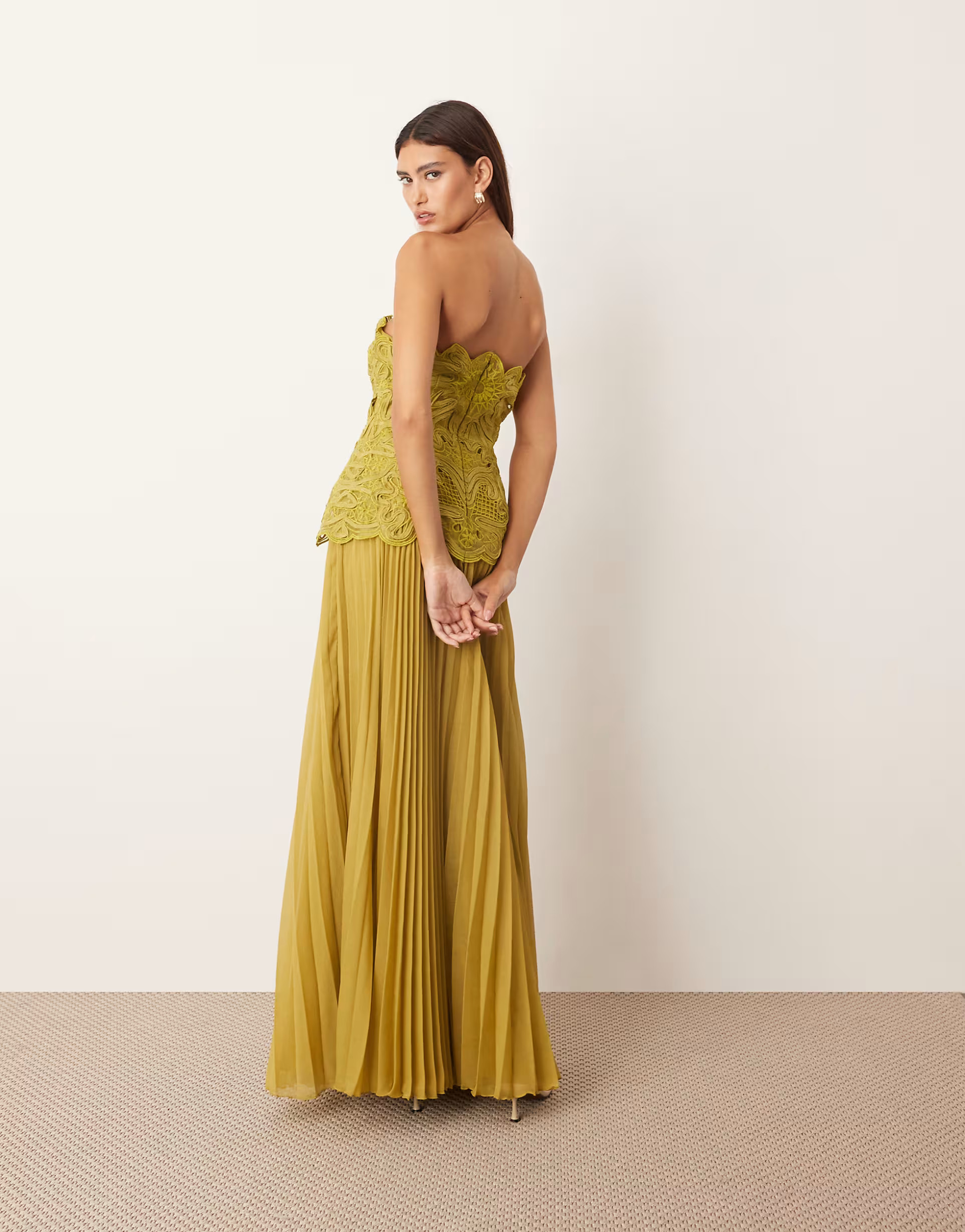 ARRANGE abstract cutwork bandeau maxi dress with pleated skirt in olive green | ASOS (Global)