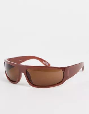 ASOS DESIGN frame 90s wrap sunglasses in tonal brown | ASOS (Global)