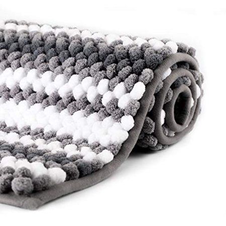 WELTRXE Chenille Striped Bath Rug Non-Slip Grey and White Bathroom Rug Mat, 32x 20, Extra Soft and A | Walmart (US)