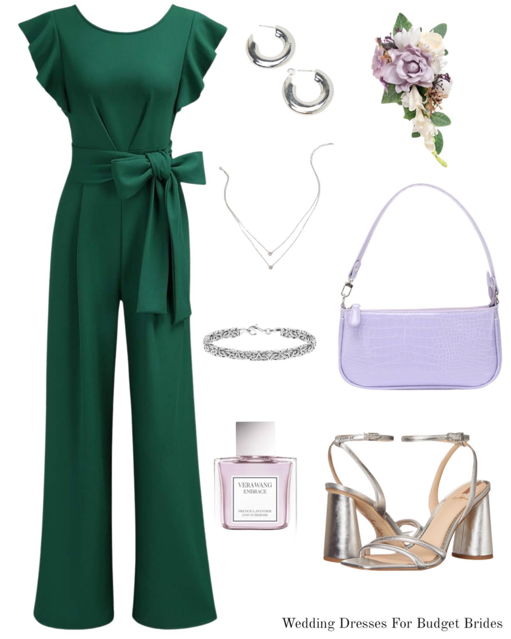 Lovely green ruffle and bow jumpsuit with light purple and silver accessories.

2026 summer fashion trend. Green jumpsuits. Semi formal wedding guest outfit. Daytime wedding guest outfit.

#LTKWedding #LTKSeasonal