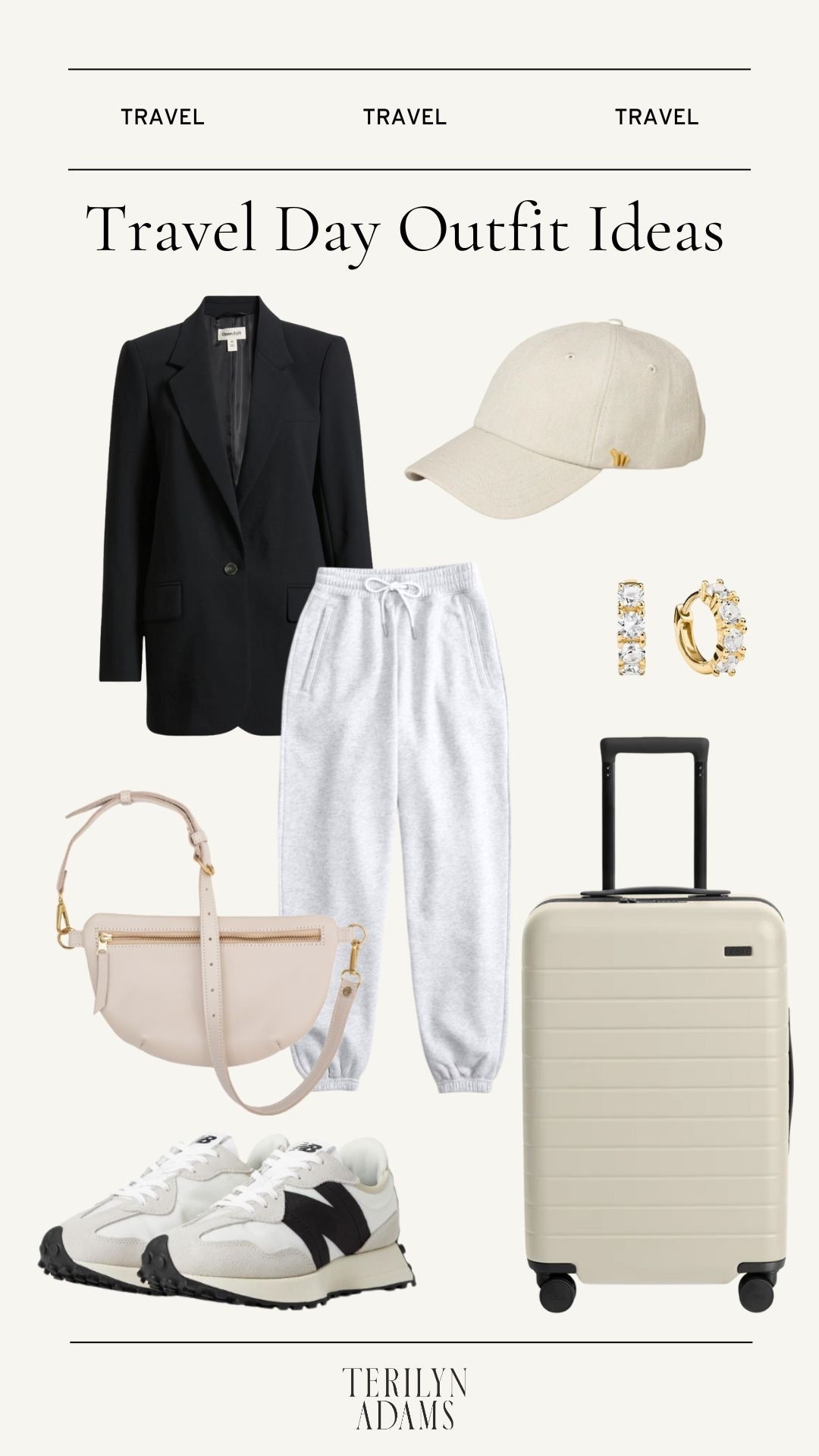 Travel outfit ideas
Oversized blazer 
Sweatpants 
Baseball cap
Sling bag 
Diamond hoop earrings 
New balance sneakers
Carry-on suitcase 

#LTKootd #LTKTravel