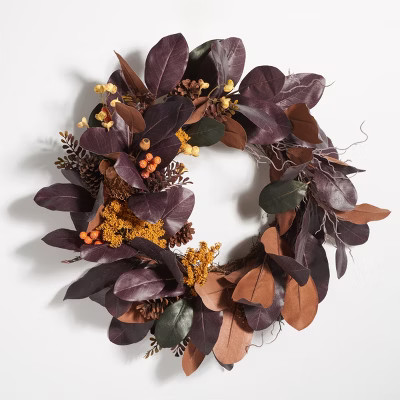 Faux 30" Magnolia Leaf & Fruit Wreath - Deep Purple/Yellow - Safavieh | Target