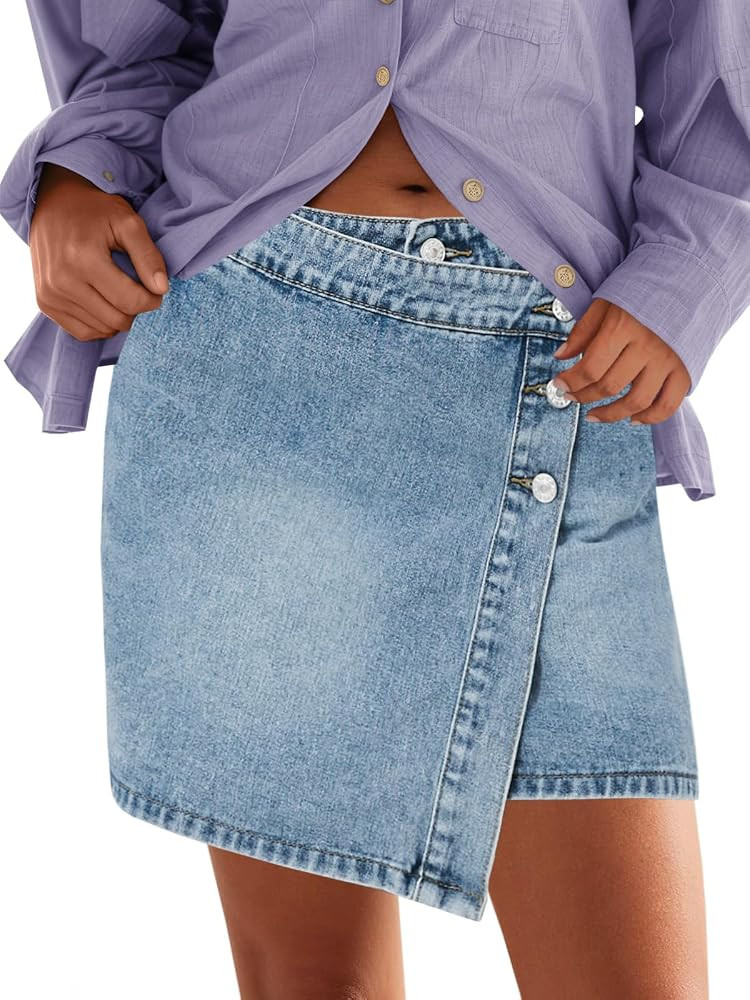 Cicy Bell Womens Jean Skirts Casual Wrap Button Asymmetrical Hem Summer Denim Mini Skirt | Amazon (US)
