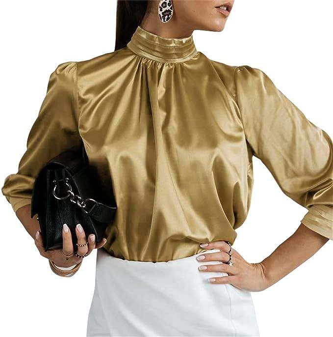Celmia Womens Elegant Long Sleeve Satin Silk Blouse Pleated Stand Collar Work Tops Shirts | Amazon (US)