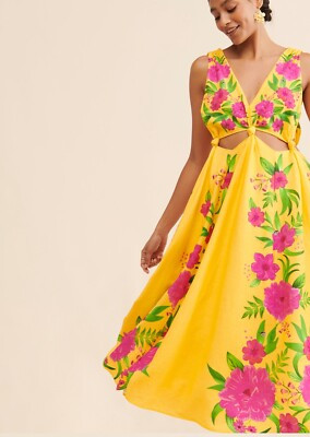 Farm Rio Dress Women Sz L Yellow Romantic Garden Midi Cut Outs Boho Festivalwear  | eBay | eBay US