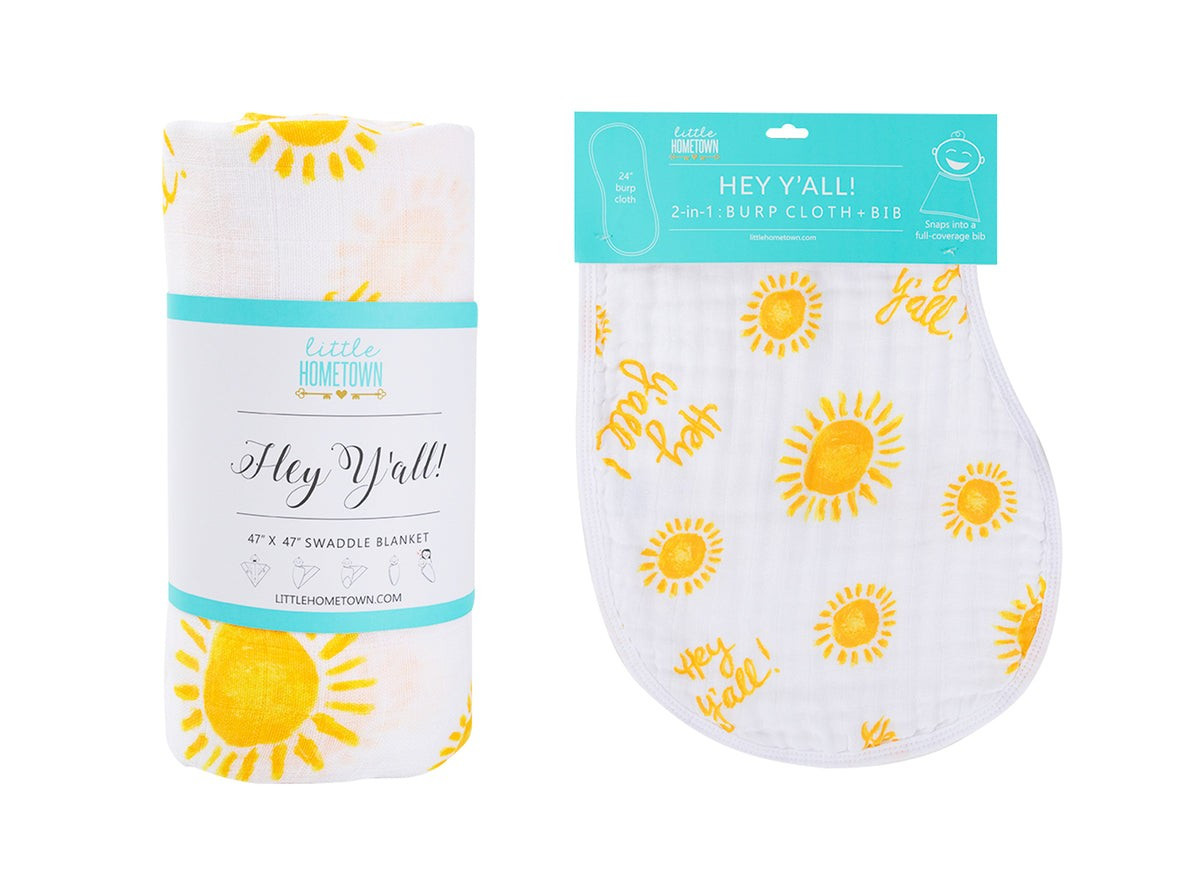 Gift Set: Hey Y'all Baby Muslin Swaddle Blanket and Burp Cloth/Bib Combo | Little Hometown