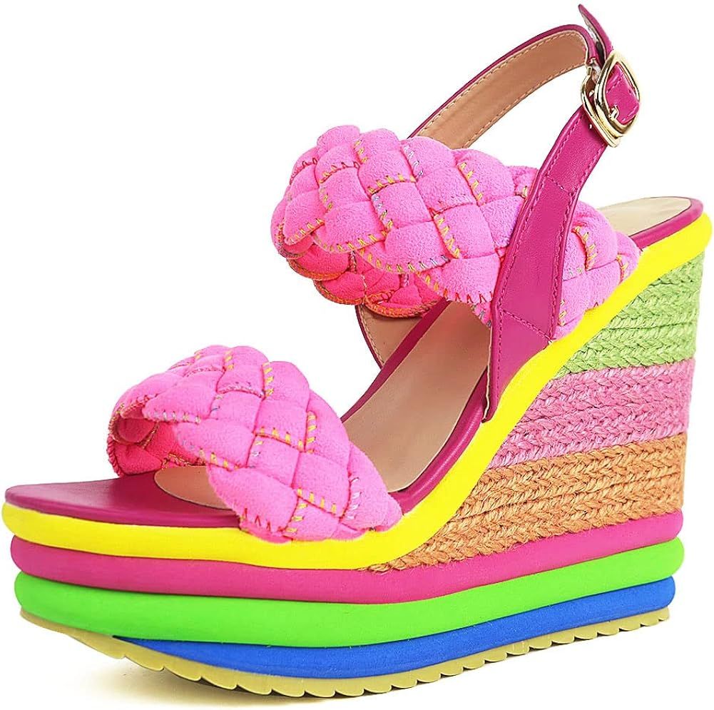 Tscoyuki Double Woven Band Wedge Sandals for Women, Cute Colorful Espadrilles Platform High Heel ... | Amazon (US)