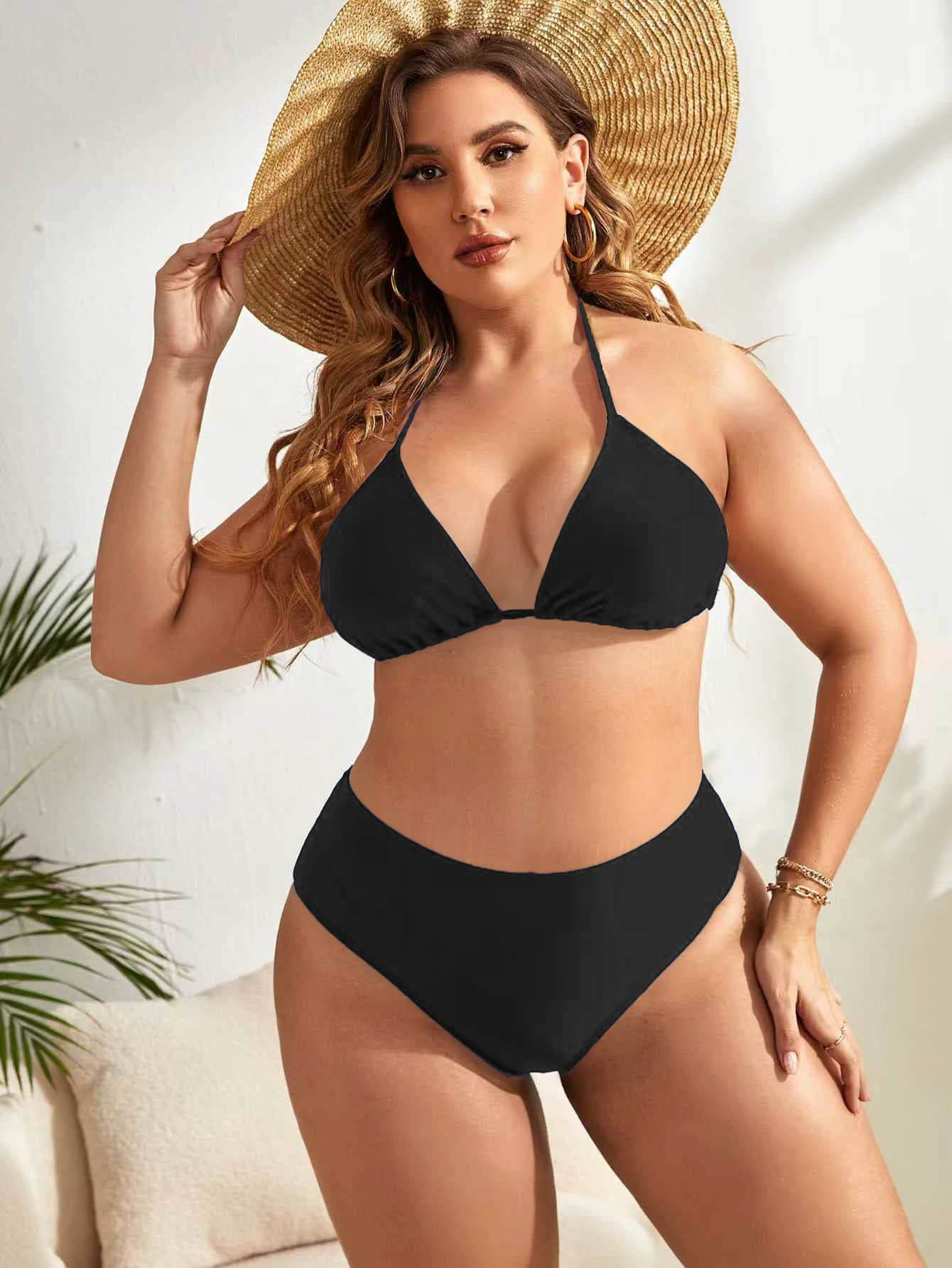 SHEIN Swim Basics Plus Minimalist Bikini Set Halter Triangle Bra & High Waisted Bottom 2 Piece Sw... | SHEIN