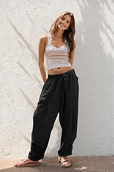 TARSE Women Linen Baggy Harem Pants Summer Drawstring Casual Lounge Pant 2024 Beach Travel Vacati... | Amazon (US)