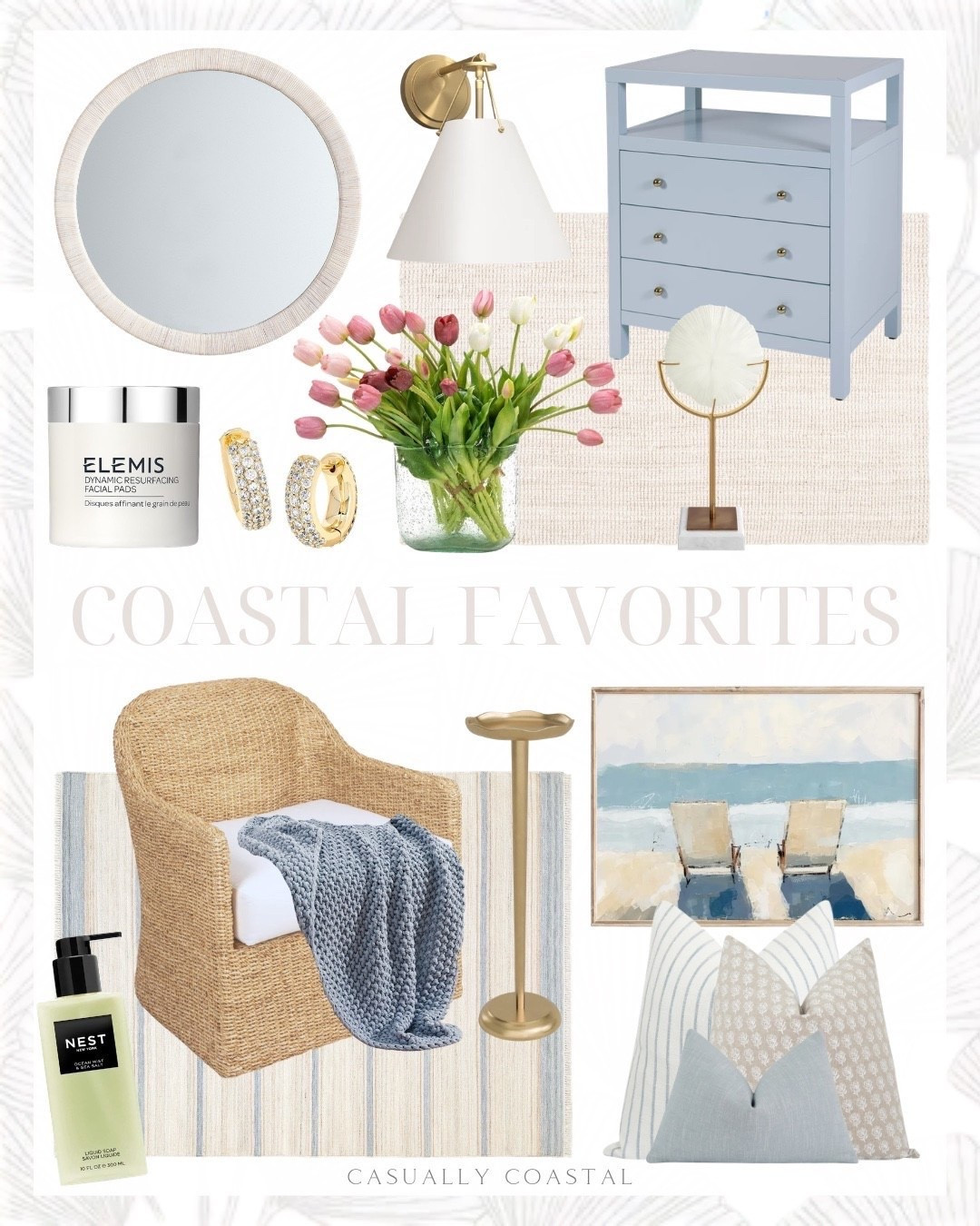 Coastal favorites! 

Coastal home decor, coastal style, coastal rug, coastal accent chair, coastal mirror, coastal pillow, coastal nightstand, coastal figurine, coastal wall art, coastal artwork, woven water hyacinth and acacia wood chair, wayfair chair, seed stitch throw blanket, chambray blanket, wayfair and table, gold end table, pottery barn rug, striped rug, outdoor performance rug, beach chairs wall art, 3 drawer nightstand, ivory rug, hand woven jute rug, coral sculpture, NEST New York liquid soap, artificial tulips, Kendra Scott earrings, pave huggie earrings, Elemis resurfacing facial pads, coastal pillow combo, pottery barn mirror, whitewash rattan round mirror, gold sconce

#LTKHome