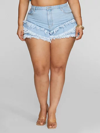 Light Wash Fringe Denim Shorts - Fashion To Figure | Fashion To Figure