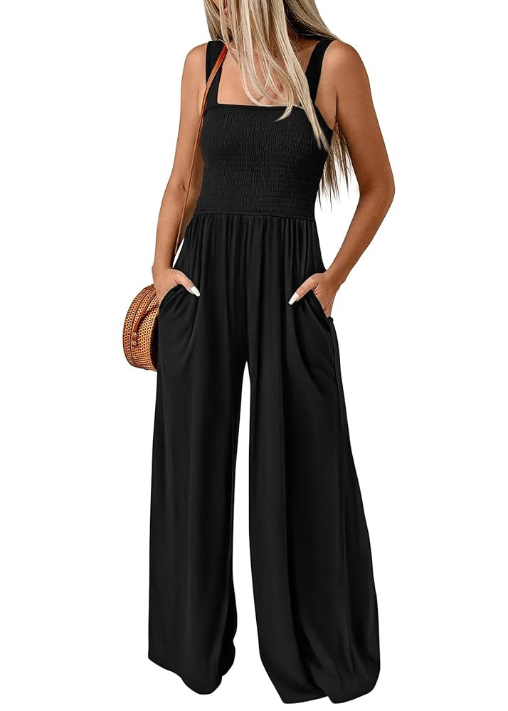 KIRUNDO Womens Jumpsuit 2024 Summer Casual Loose One Piece Overalls Smocked Sleeveless Wide Leg R... | Amazon (CA)