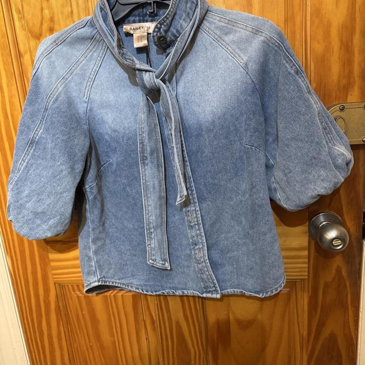 Washed denim blouse with a feminine tie-neck. Puff... | Depop | Depop US