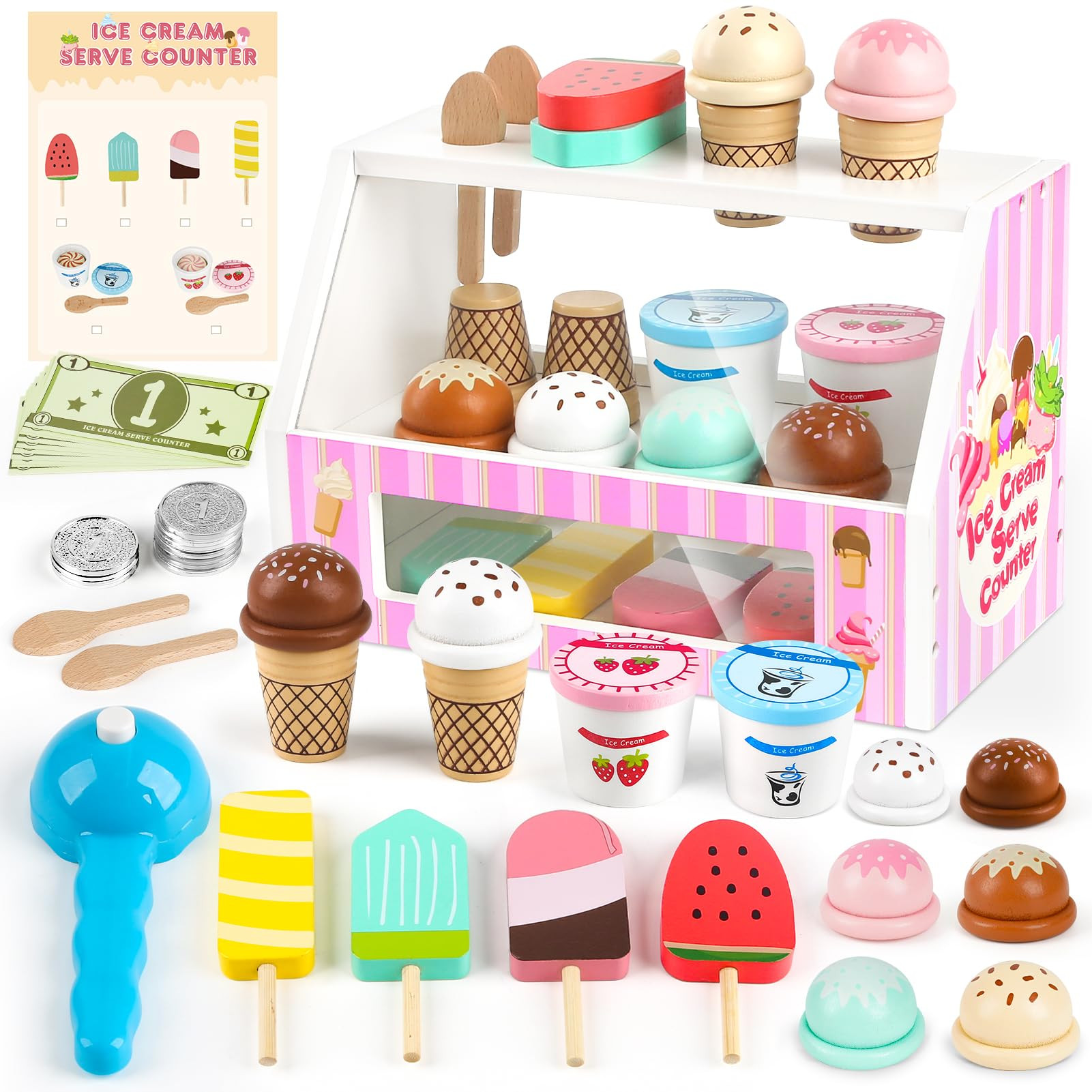 Dreamon Wooden Ice Cream Set for Kids: 38 PCS Wooden Role Play Ice Cream Shop Play Food Kitchen T... | Amazon (UK)