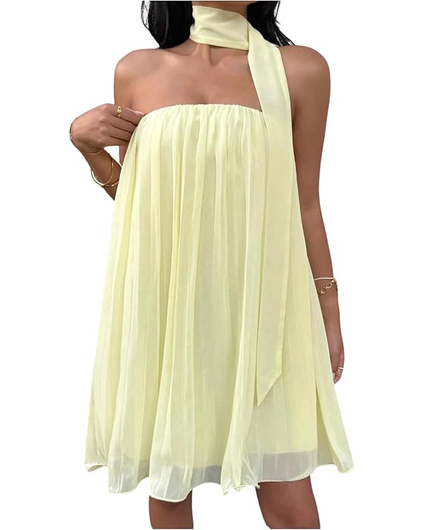 GORGLITTER Women's Strapless Ruffled Babydoll Mini Dress Wedding Sleeveless A Line Mesh Pleated T... | Amazon (US)
