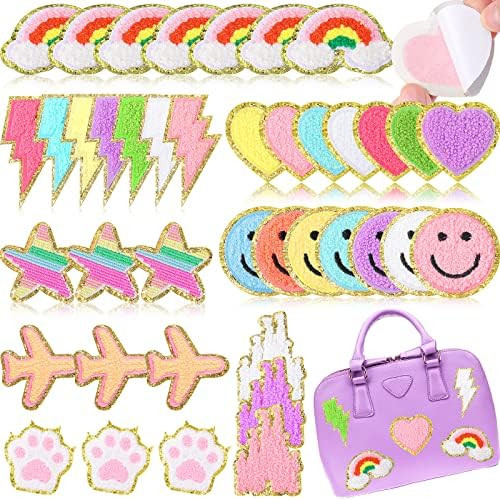 40 Pcs Self Adhesive Chenille Patches Colorful Cute Chenille Embroidered Patches Glitter Chenille... | Amazon (US)