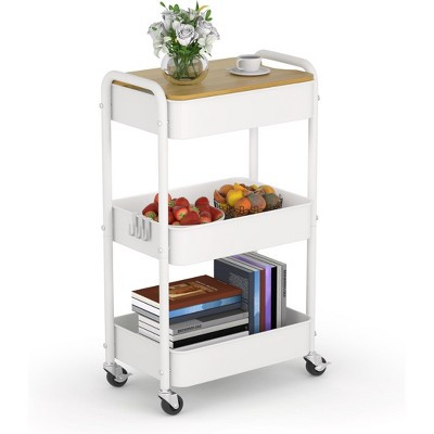 Aoibox 3 Tier Metal Utility Cart with Removable MDF Tabletop and Lockable Wheels 16.5 x 10.6 x 28.1 Inch Storage Organizer White 1 Piece | Target