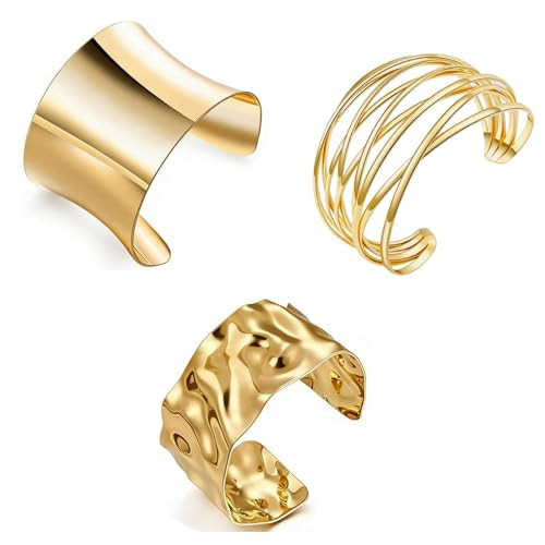 3Pcs Chunky Gold Cuff Bracelets for Women Trendy Minimalist Open Wide Bangle Bracelets Statement Wrist Cuff Wrap Thick Bracelet Set Fashion Jewelry Gift Accessories (gold cuff bracelet set -1) | Amazon (US)