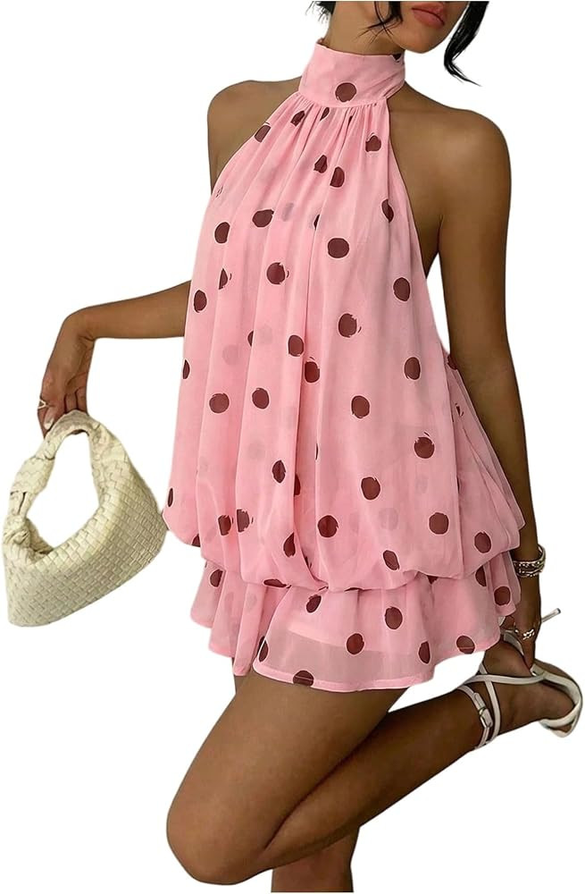 SHENHE Women's Halter Polka Dots Backless Ruffle Hem Mini Party Dress | Amazon (US)