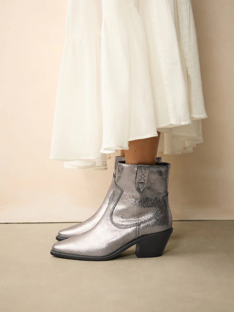 Metallic Silver Leather Standard/Wide Fit Cowboy Block Heel Ankle Boots | Next EU