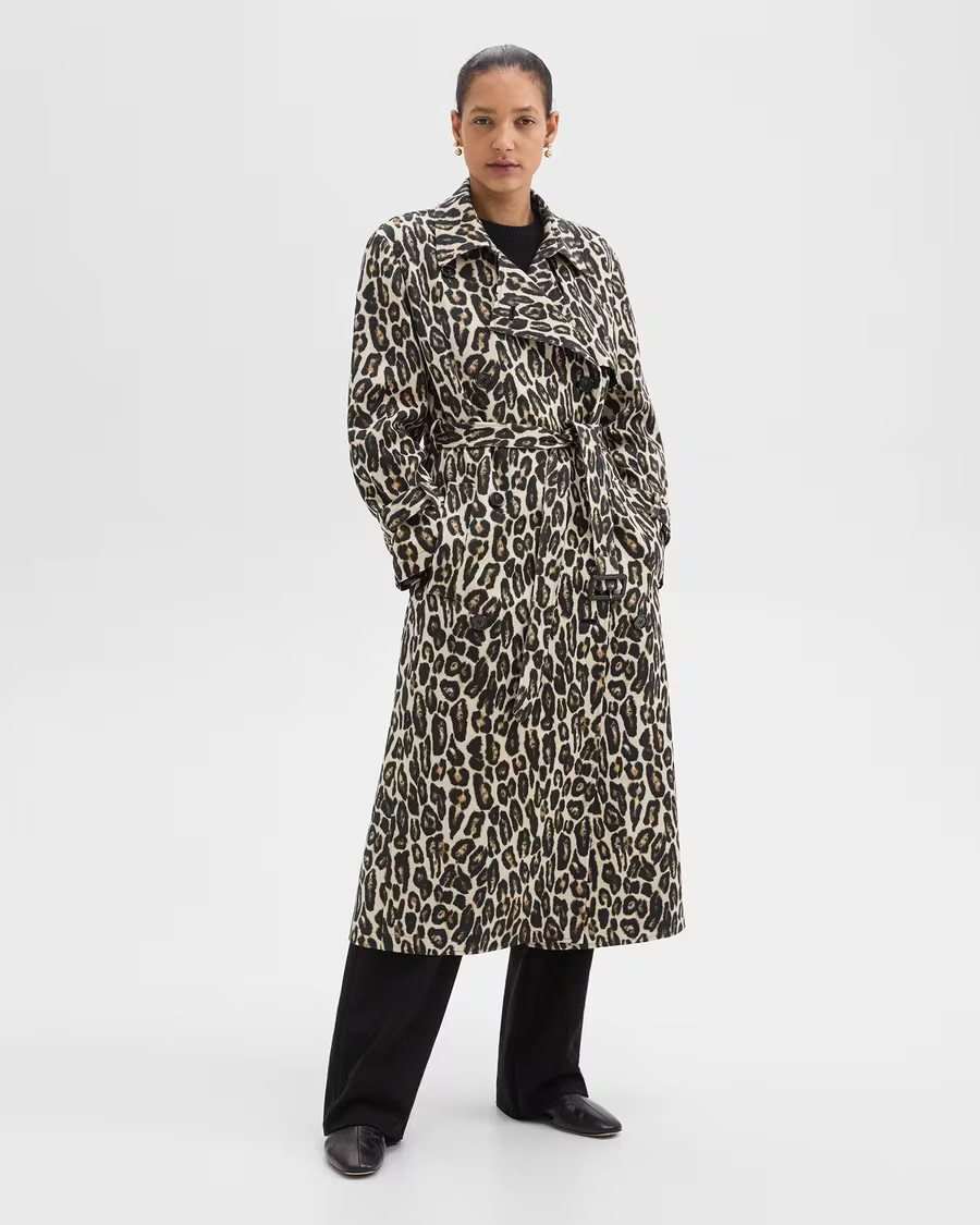 Relaxed Trench Coat in Stretch Leopard Wool | Theory
