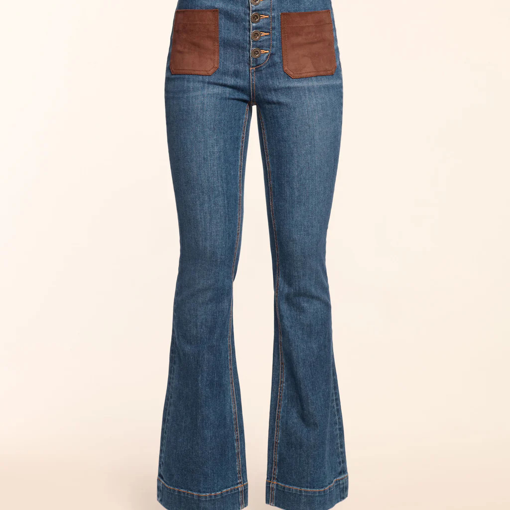 Cindy Faux Suede Trim Flare Jean | Ramy Brook