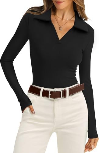 WIHOLL Womens Polo Shirts Long Sleeve Business Casual Tops Collared V Neck Ribbed Knit Sweater Sl... | Amazon (US)