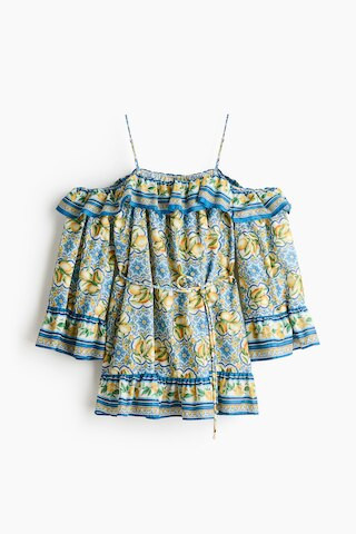H & M - Open-Shoulder Dress with Tie Belt - Blue/Lemons | H&M (US + CA)