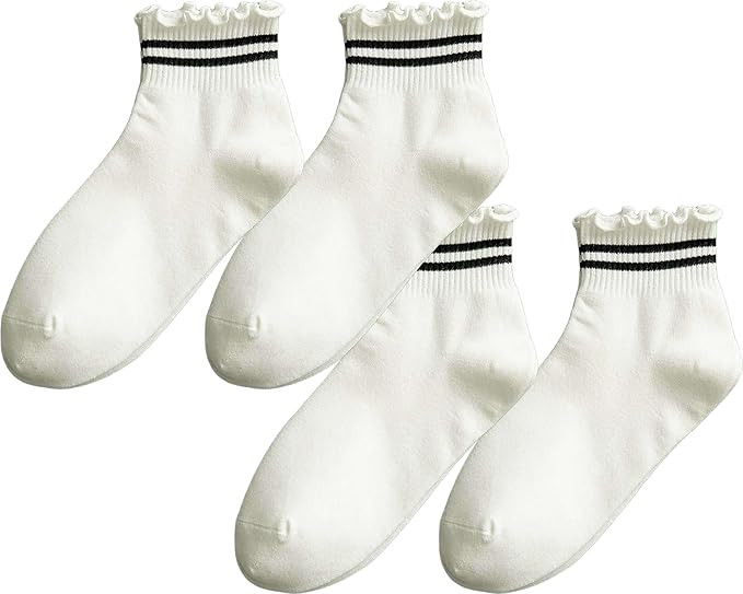 CHUNFO Womens Striped Ruffle Ribbed Crew Frilly Socks Cute Dot Athlete Ankle Cotton Casual Sock S... | Amazon (US)