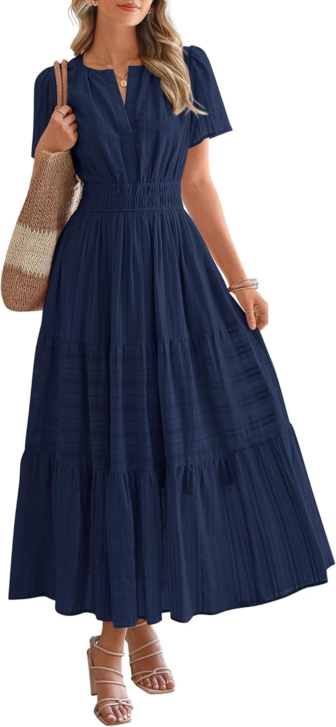 BTFBM Womens Summer 2025 Casual Midi Maxi Dresses Lightweight Short Sleeve V Neck Elastic Waist B... | Amazon (US)