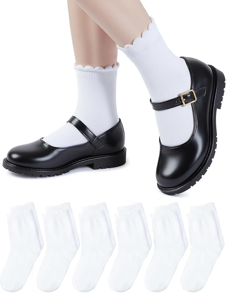 HONGTEYA 6 Pairs Girls White Ruffle Socks School Uniform Dress Socks for Kids Seamless Crew Ankle... | Amazon (US)