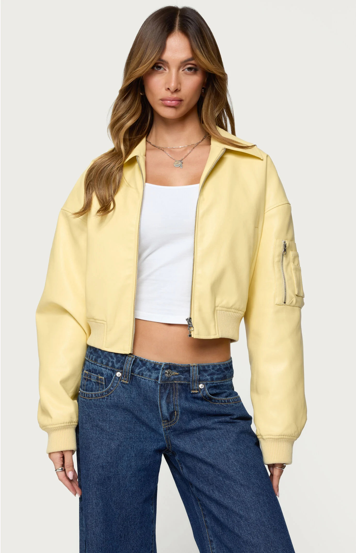 Edikted Women's Zayna Cropped Faux Leather Bomber Jacket in Yellow - Size Large | PacSun