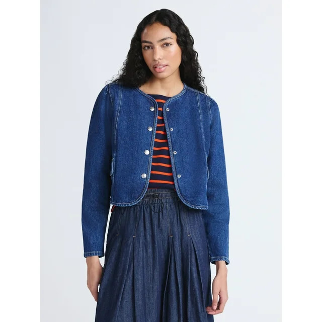 Free Assembly Women's Cropped Denim Jacket with Puff Sleeves, Sizes XS-XXL | Walmart (US)