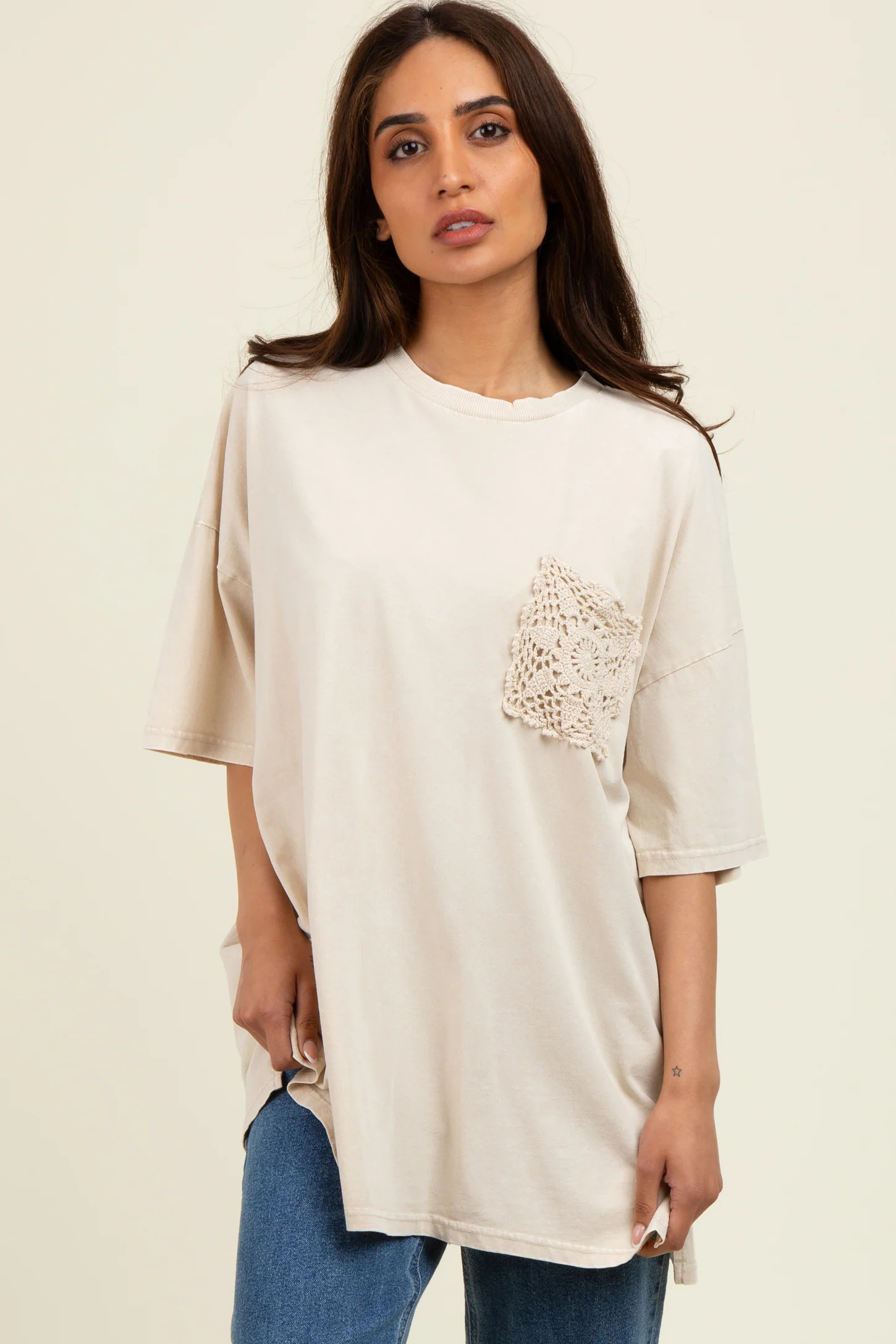 Taupe Mineral Wash Crochet Pocket Top | PinkBlush Maternity